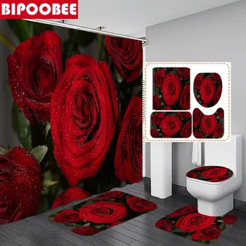 3D Lep Cvet Rastlin, Tuš Zavese, Cvetlični Rdeče Rose Kopalnica Zavese Trajne Kopel Preproge Podstavek Non-Slip Preprogo Doma Dekor