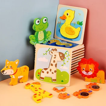 Otroci Montessori Igrače 3D Lesene Puzzle Otroška Risanka Živali/Promet Sestavljanke Igrače Za Otroke Zgodnjega Učenja 15*15 cm
