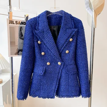 Jeseni, Pozimi Novo Oblikovanje Debelejše Tkanine, Kraljevsko Modra Tweed Ženske Tkane Suknjič Kakovosti Blazerji