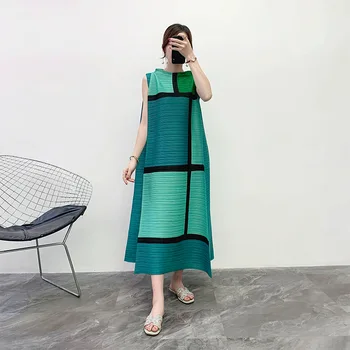Naguban Barvni Blokiranje 2020 Poletje Novo Ohlapno Velike Ženske Dolga Obleka
