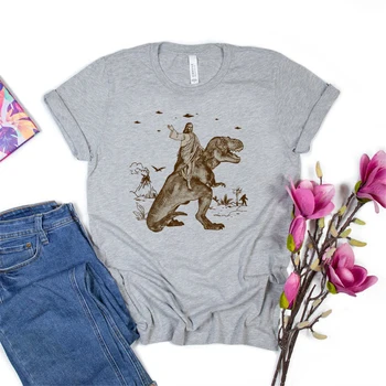 Jezus Jahanje Dinozaver Tshirt NLP Smešno Majico Kul Žaljivo Novost Charles Darwin, Za Moške, Ženske Tee Krog Vratu Kratek Sleeve Zgornji del