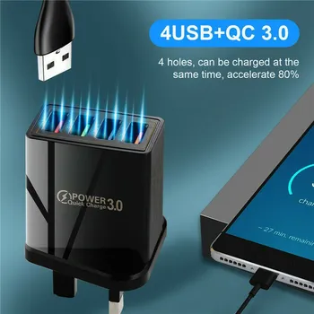 Adapter USB Polnilnik KRALJESTVU Plug 4 Multi-Port QC3.0 Hitro, Hitro Polnjenje Električnega Omrežja