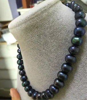 9-10 mm baročni črni modro biserna ogrlica, 18 inch 14k