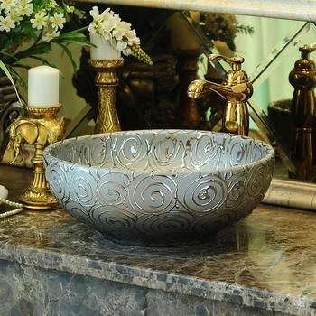 Srebro Evropi Vintage Stil Keramične Umetnosti Bazena Korito Števec Vrh umivalnik Kopalnica Korita ročno poslikane keramike, umivalnik