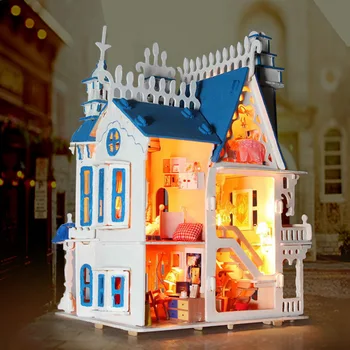 [ Zabavno ] Sonca Alice Sanje Vila grad svetlobe DIY Lesene Miniatura Lutka Hiša Pohištvo Ročno izdelan 3D gradnikov dekle igrača