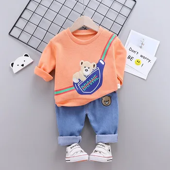 Jargazol Moda korejski Medved Vezenje Long Sleeve Majica&hlače 2 Kosa Srčkan Baby Fantje Oblačila Sklop Sodijo Malčka Otroci Obleke