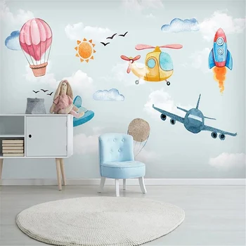 Po meri Foto Ozadje Nordijska Minimalističen Ročno poslikano 3D Cartoon Balon na Vroč Zrak v Letalu otroški Sobi v Ozadju Stene Dokumentov 2