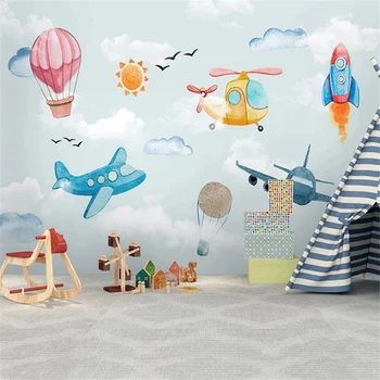 Po meri Foto Ozadje Nordijska Minimalističen Ročno poslikano 3D Cartoon Balon na Vroč Zrak v Letalu otroški Sobi v Ozadju Stene Dokumentov 0