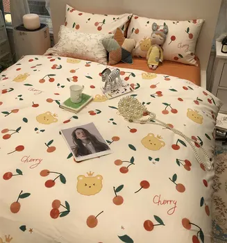 Srčkan cartton medved češnja posteljnina nabor otrok,eno dvojno bombaž twin polno kraljica doma, tekstilne posteljo stanja vzglavnik odeja pokrov