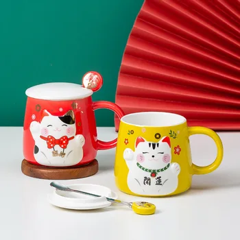 Srečen Mačka Srčkan Pokal Cartoon Mleka Dekle Srce Keramični Vrč S Pokrovom Žlico Office Home Vode Skodelice Kave Skodelice Najboljših Darila Za Prijatelje