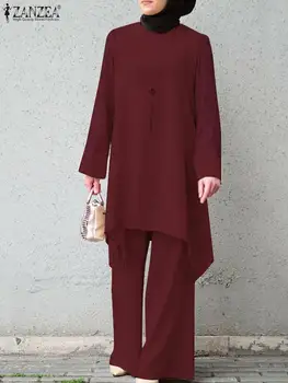 Moda ZANZEA 2PCS Ženske Dolg Rokav Tiste Bluzo Širok Noge Hlače Določa Priložnostne Muslimanskih Obleke Trdna Dubaj Abaya Ujemanja Nizov
