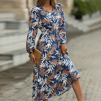 Stilsko Obleko Lady Mid-tele Dolžina Ženske obleke Tesen Pasu Maxi Obleko Jeseni Obleko Obleka-up