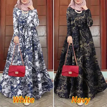 Muslimanske Ženske Obleko Velikem Zamahu Abayas Caftan Turčija Cvetlični Vintage Print O-Vratu, Ohlapno Stranka Večerno Obleko Islamska Oblačila
