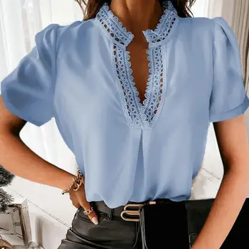 Elegantno Bluzo Unfading Shirt Vse Tekme Čipke Mozaik Barva T-shirt Čipke Mozaik