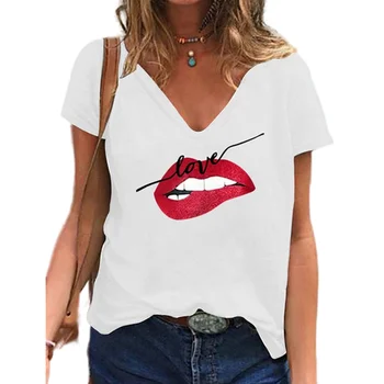 2021 Poletje Tee Nove V-Neck Ženske T-Shirt Ustnice Tiskanja Vrhovi Kratek Rokav Ohlapen Pulover Ženske Priložnostne Moda za Ženske Oblačila