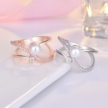 2021 Silver Fashion Dvojno Plast Mikro Vdelan Cirkon Nastavljiv Elegantno Temperament Pearl Crystal Ring Ženske, Nakit Trgovini 0