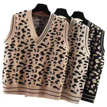 JUJUGE Jeseni Svoboden brez Rokavov Kratek Telovnik Plašč Žensk V Vratu pleteni pulover Pulover korejski Leopard Moda Ženska Waistcoat Plašč