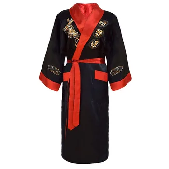 Saten Haljo Vezenje Zmaj Kimono Kopalni Plašč Obleke Rdeče Črni Kitajski Moški Reverzibilna Dve Strani More Svilnat Puder Seksi Sleepwear