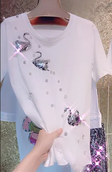 težka industrija beaded sijoče majica s kratkimi rokavi ženske poletje moda kristalno swan bombaž svoboden vrh tees