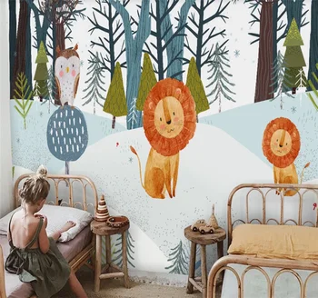 Prilagojene velika zidana ozadje Nordijska sodobno minimalistično ročno poslikano risanka gozdnih živali, otroška soba v ozadju stene