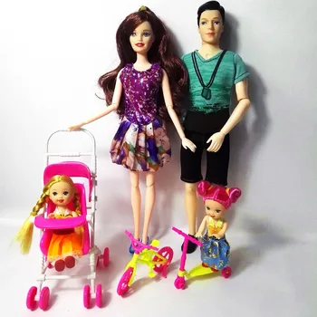 Dekleta Igrajo Hiša Igrače Družino 4 osebe Dolls Obleke 1Mom/1Dad/2 Malo Kelly Dekle/1 otroški voziček za barbie Darilo,Moda lutka