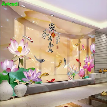 Velikosti po meri 3d lotus lotus krap ozadje steklom barvne pozlačeno jade carving lotus krajine dekorativno slikarstvo TV steno 0