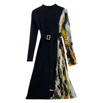2022 Ženske Dolg Rokav O-Vratu Mozaik Tiskanje Šifon Pletene Ruffles Elegantna Obleka Lady Elastična Vitek Pas Puloverju Midi Obleko