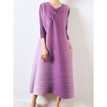 Naguban Postopno Obleko Barve Kitajski Panbuckle tričetrt Rokav Obleka za Ženske Primestne Linije Sredine dolžina Nabrano Obleko
